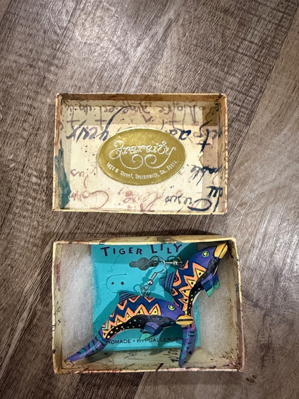 Tiger Lily Handpainted Wooden Bird Earrings - Purple & Turquoise